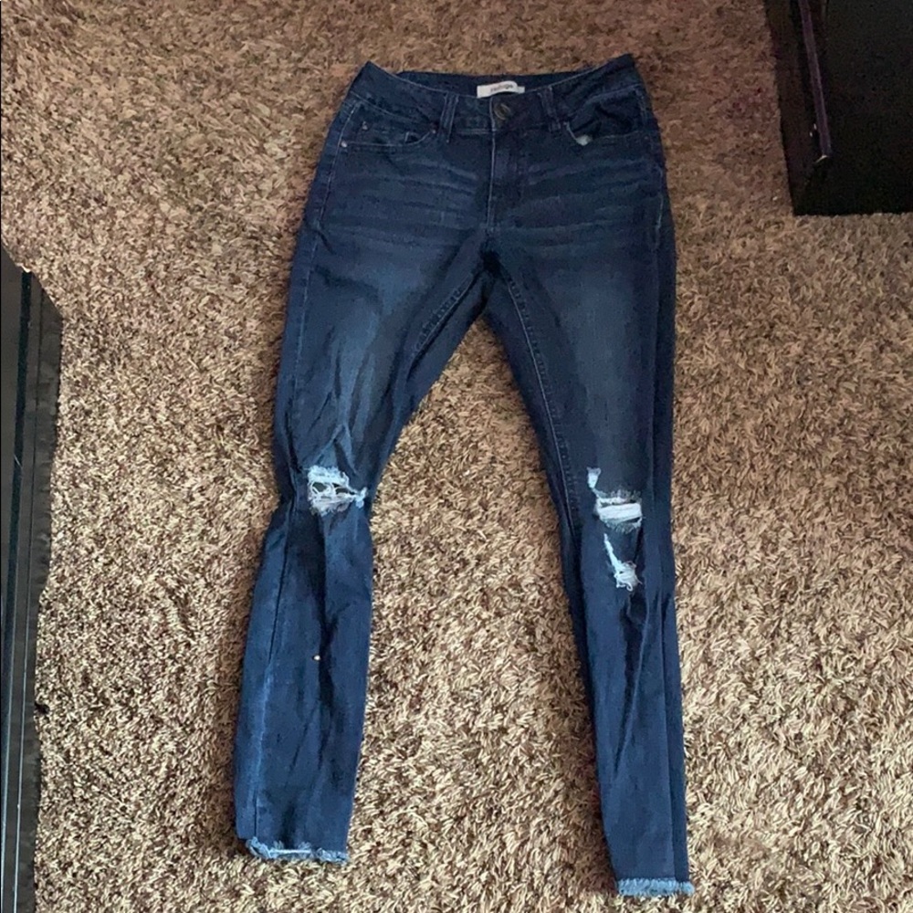 dark washed distress jeans